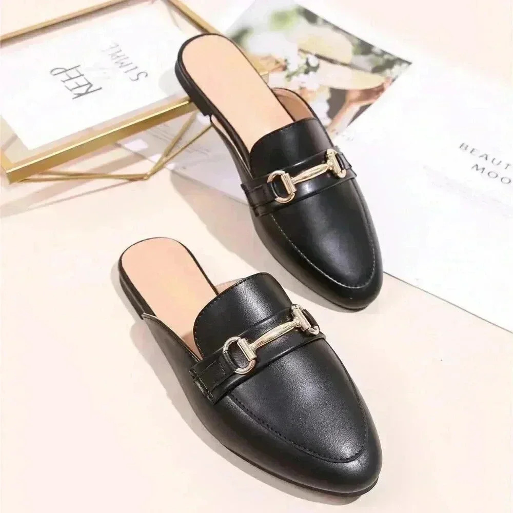Black Women's Horsebit Decor Loafer Mules Flat Shoes
